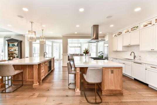 kitchen after remodel with two large islands