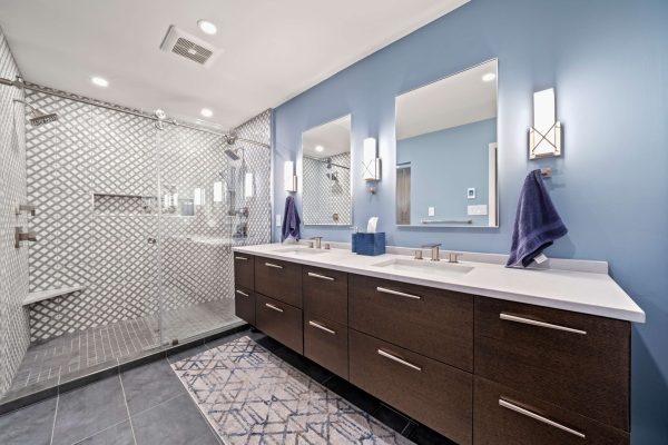 Large Glass Shower Enclosure Double Vanity Primary Bath Remodel bathroom after remodel with large walk in shower